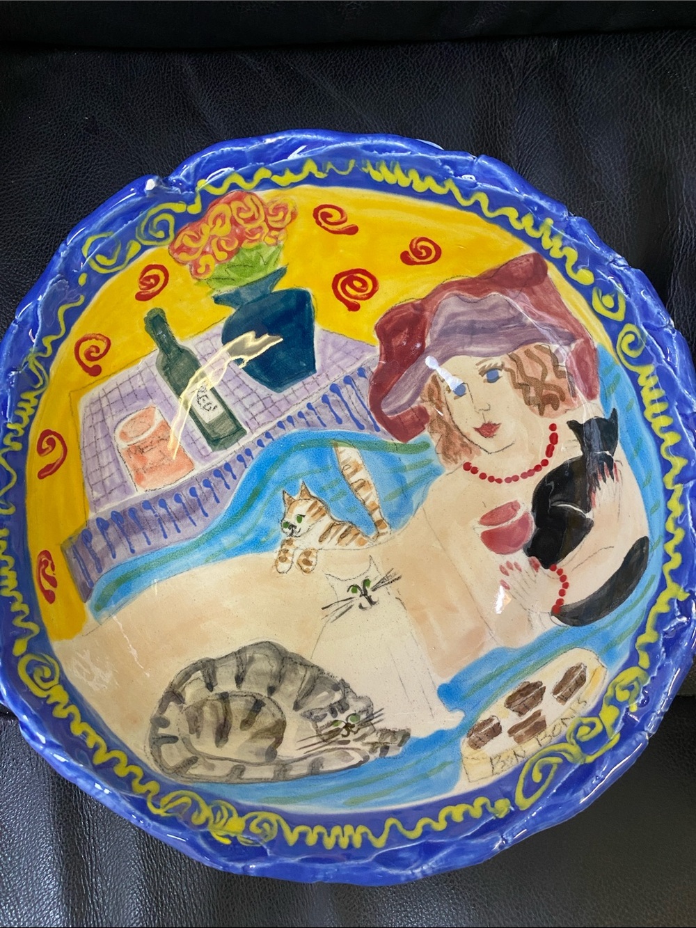 whimsical, hand-painted ceramic bowl by artist Louise Hopson bundle of 2